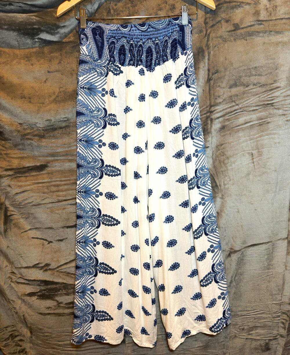 100% Rayon Blue/ White Paisley Palazzo Wide Leg Split Front Boho Hippie Pants